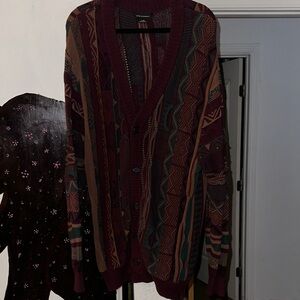 Cotton On Men's Burgundy and Teal Cardigan